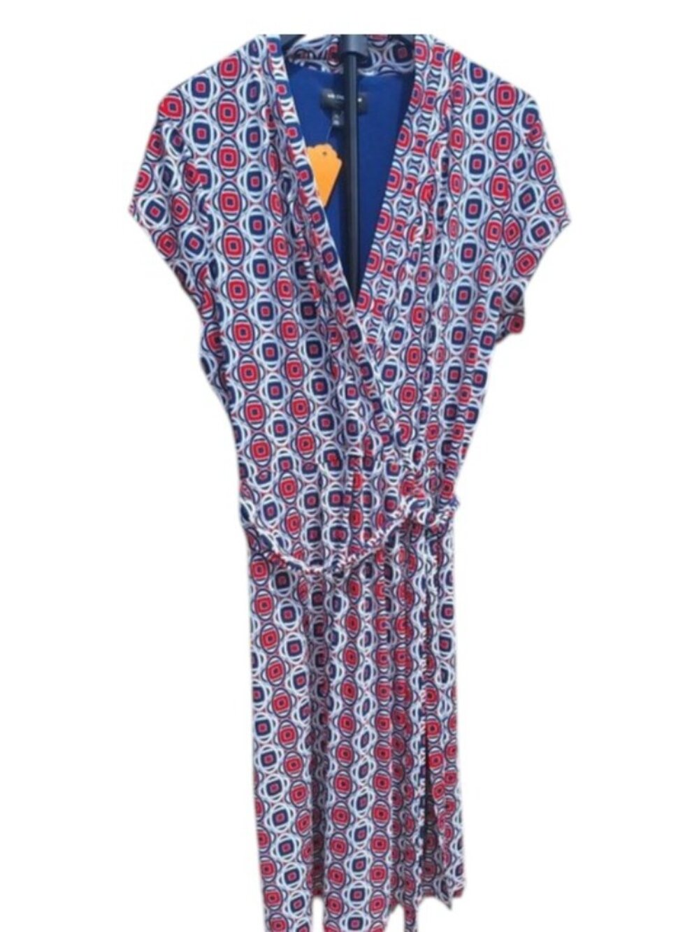 Liz Claiborne Retro Mod Geometric Print Faux Wrap Midi Dress Red White Blue XL